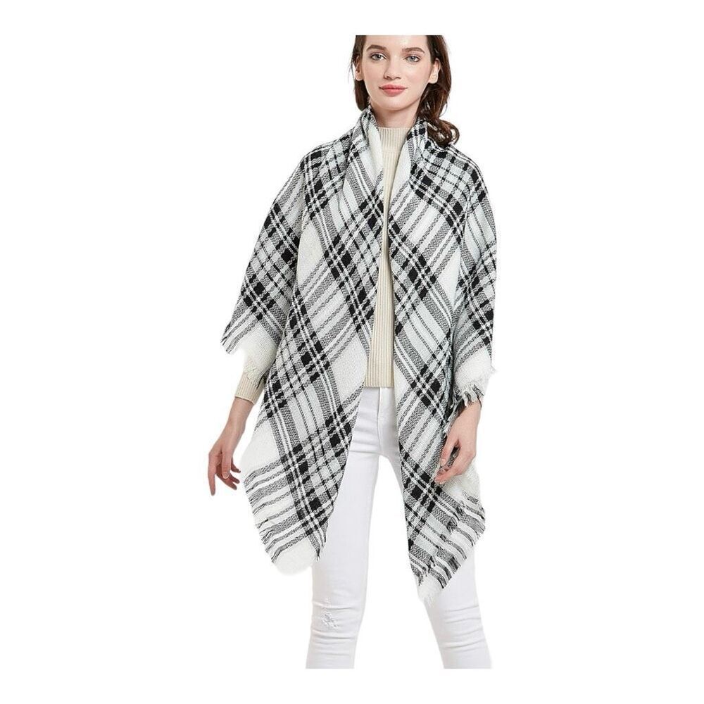 New Womens Wander Agio White & Gray Fringe Plaid Warm Blanket Winter Scarf